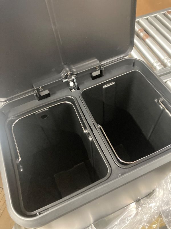 Photo 1 of ***DAMAGE LID HINGE -SELLING AS IS ***Dual Trash Can for Recycling and Trash, 2 x 15 L (30 L) Kitchen Trash Can with Lid and Foot Pedal, Double Compartment Garbage Can, Trash Can with Recycling Bin