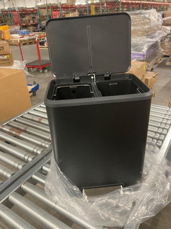 Photo 1 of ***DAMAGE LID HINGE -SELLING AS IS ***Dual Trash Can for Recycling and Trash, 2 x 15 L (30 L) Kitchen Trash Can with Lid and Foot Pedal, Double Compartment Garbage Can, Trash Can with Recycling Bin