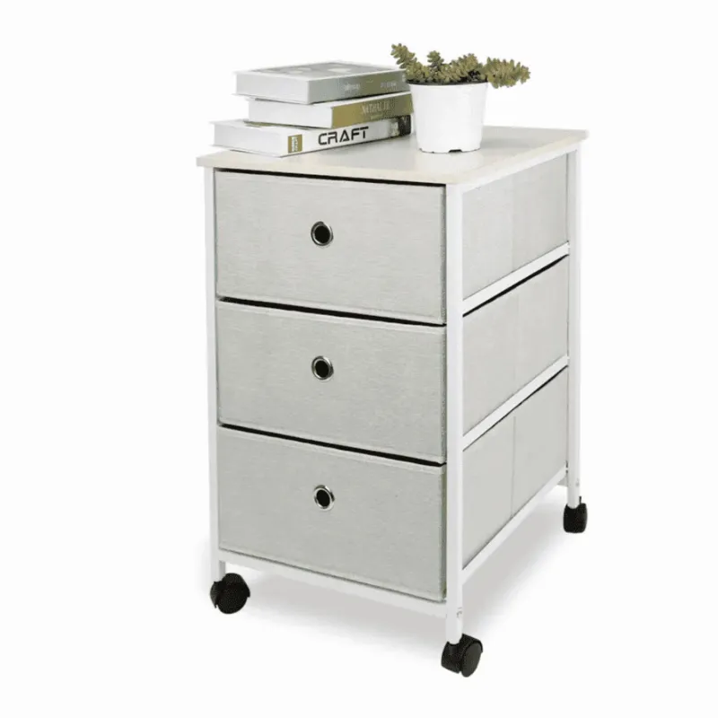 Photo 1 of *Chips on the top piece* HEFPTURE SpatialMaster 3-Drawer Nightstand – Fabric Side Table Storage Tower with Wheels, Compact Dresser Chest for Bedroom or Office, Beige