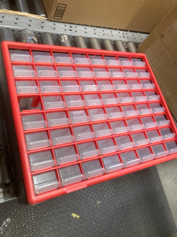 Photo 1 of *Scratches* Missing tiny drawer* Akro-Mils 64-Drawer Plastic Drawer Storage Cabinet for Garage Organization, Bead Organizer, Building Bricks Storage, Teacher Toolbox, Makeup Organizer, 20" W x 6" D x 16" H, 10164 Red