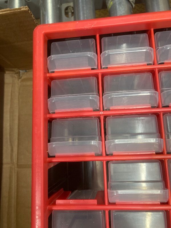 Photo 1 of *Scratches* Missing tiny drawer* Akro-Mils 64-Drawer Plastic Drawer Storage Cabinet for Garage Organization, Bead Organizer, Building Bricks Storage, Teacher Toolbox, Makeup Organizer, 20" W x 6" D x 16" H, 10164 Red
