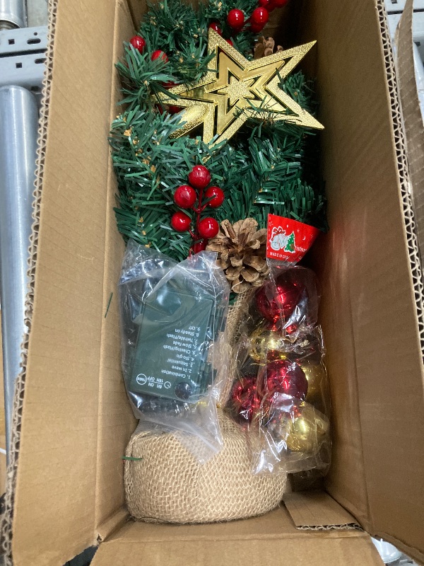 Photo 1 of [ Timer & 8 Modes] 24 Inch Artificial Mini Christmas Tree with 50 Warm White Lights Star Treetop and Ornaments Small Tabletop Christmas Tree for Indoor Home Table Christmas Decorations