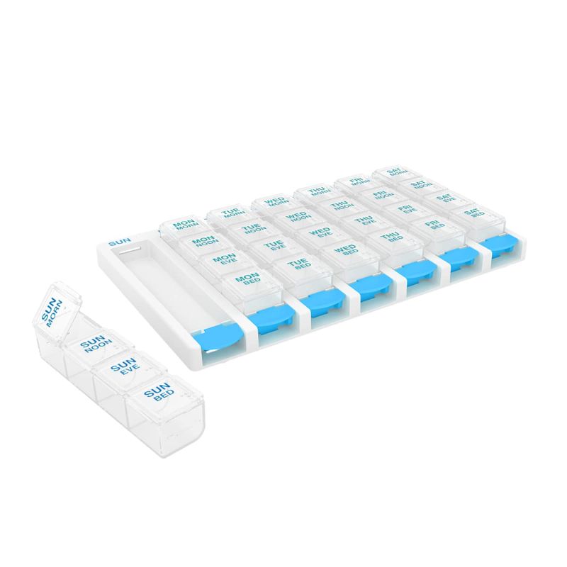 Photo 1 of ***ONE OF THE PLASTIC TABS BROKE OFF, SELLING FOR PARTS, FINAL SALE***EZY DOSE Weekly (7-Day) Daily Pill Case, Medicine Planner, Vitamin Organizer Container, 4 Times a Day, Small Removable Compartments, Covenient and Easy to Use, Color May Vary, Clear Lid