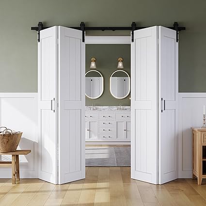 Photo 1 of ***UPDATED 5/3*** Bifold Barn Door 80" x 84", MDF Bi-Fold Sliding Closet Doors with Hardware Kit Included, Pre-Finished Easy Assembly, Water-Proof PVC Surface & Save Space, H-Frame, 88" Track for 4 Doors,White