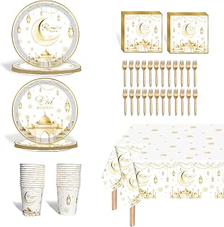 Photo 1 of ***SIMILAR ITEM***Blushtier 97 Pcs Ramadan Eid Mubarak Party Tableware Set for 24 Guests Include 9" Dinner Plates, 7" Dessert Plates, 9 oz Cups, Eid Mubarak Napkins, Tablecloth for Ramadan Decorations (White and Gold)