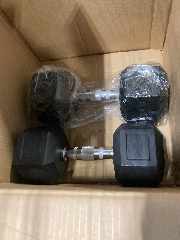 Photo 1 of  **ONLY 2 WEIGHTS ******Fitvids Rubber Encased Hex Dumbbell Weight Set and Storage Rack, 150 LB (5-25lbs Pairs)