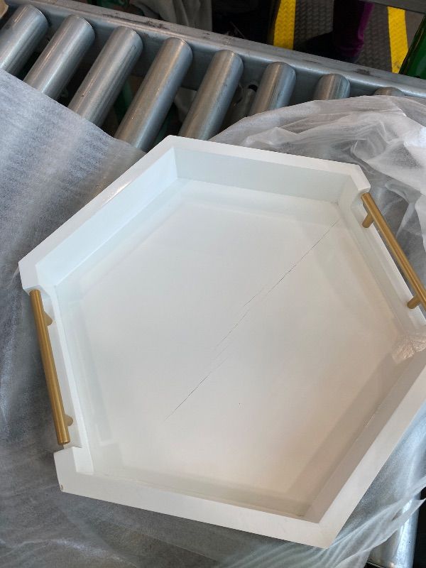 Photo 1 of ***MISSING ONE*** ***MINOR DAMAGE*** Comfify Honeycomb Wooden Serving Trays with Golden Handles – Set of 2 Hexagon Nesting Trays – Large and Small Wood for Food, Ottoman Decor, Coffee Table, Kitchen, Breakfast - White