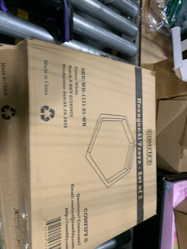 Photo 1 of ***MISSING ONE*** ***MINOR DAMAGE*** Comfify Honeycomb Wooden Serving Trays with Golden Handles – Set of 2 Hexagon Nesting Trays – Large and Small Wood for Food, Ottoman Decor, Coffee Table, Kitchen, Breakfast - White