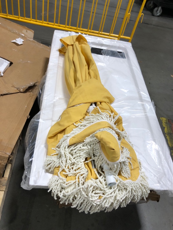Photo 1 of !!!!HAS BEEN USED!!IS DIRTY!!!SALL DAMAGES!!! FINAL SALE!!!!JONATHAN Y UMB1001S Collins 9 ft. Classic Cottage Fringe Tassel Market Patio Umbrella with Auto-Tilt Crank, Wind Vent and UV Protection in Mustard Yellow/Cream, White Pole!! FINAL SALE!!!