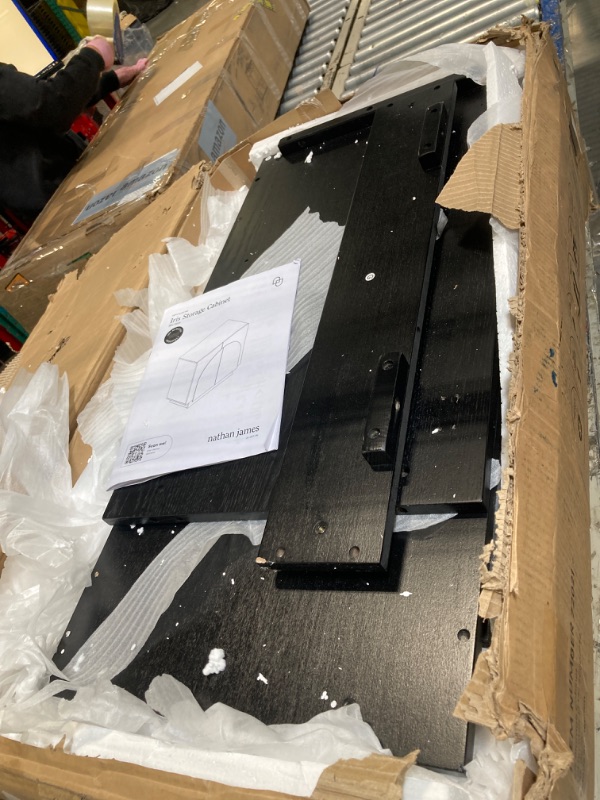 Photo 1 of ***MINOR SCRATCH****Nathan James Iris Mid-Century Modern Credenza, Black Sideboard Buffet, Living Room Wood Storage Cabinet with Arched Cabinet Doors, Black Credenza Cabinet for Kitchen or Living Room, Black Oak