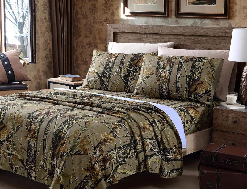 Photo 1 of **SIMILAR ITE,MS**Chezmoi Collection Salem 4-Piece Cabin Lodge Forest Woods Sheet Set - Nature Camo Tree Leaves Printed Soft Microfiber Sheets - California King, Natural