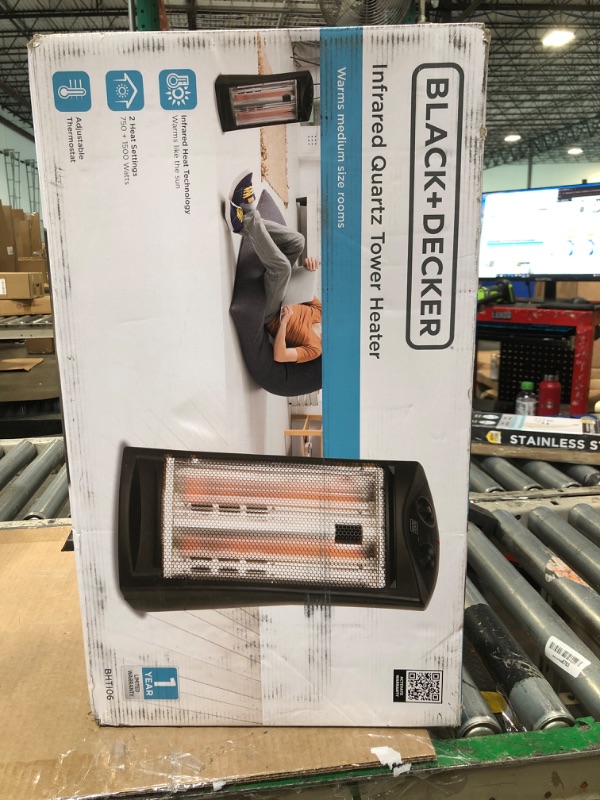 Photo 1 of **SIMILAR IMAGE**BLACK+DECKER Infrared Radiant Quartz Tower Heater, 1500W Space Heater with Adjustable Thermostat, Portable Heater with 2 Settings, Personal Heater for Home and Office, BHTI06, Black
