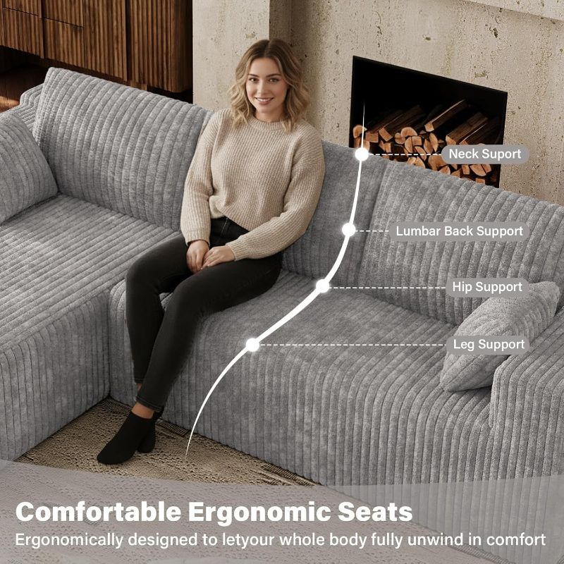 Photo 1 of  Comfy Fluffy Light Grey L Shaped Boneless Couches for Living Room, Deep Seat Plush Corduroy Memory...