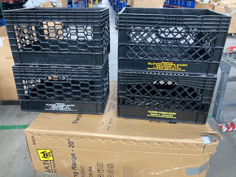 Photo 1 of **One is broken, please see the photos**Juggernaut Storage 4 Pack, Heavy-Duty Plastic Stackable Milk Crates with Handles, Black – Open Bin Basket Organizers for Home, Office, Dorm, and Car Organization