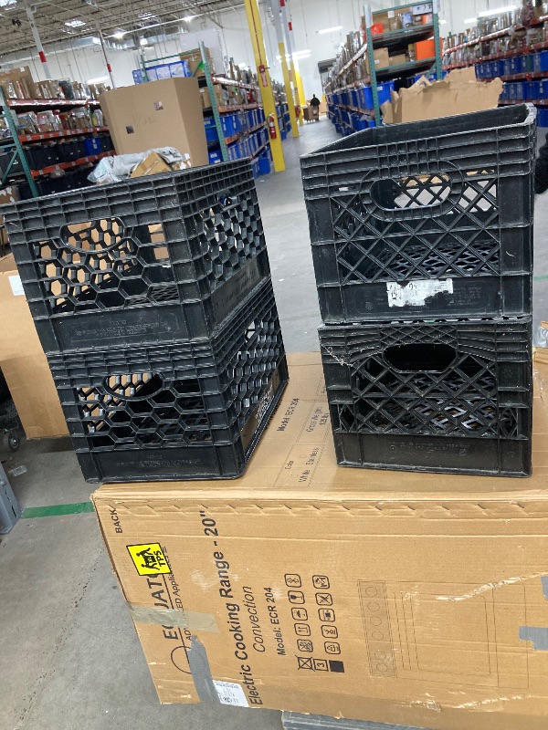 Photo 1 of **One is broken, please see the photos**Juggernaut Storage 4 Pack, Heavy-Duty Plastic Stackable Milk Crates with Handles, Black – Open Bin Basket Organizers for Home, Office, Dorm, and Car Organization