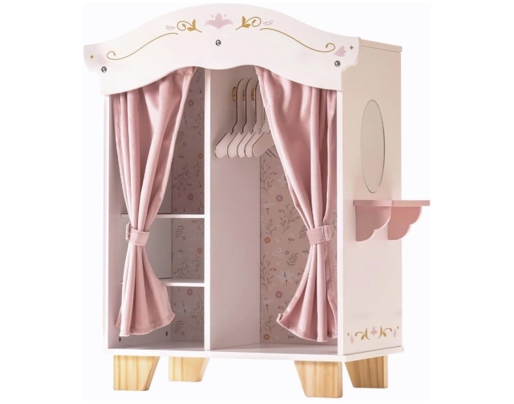 Photo 1 of ****used****ROBUD Wooden Play Armoire Closet for Dolls, Doll Closet Furniture Wardrobe with 5 Hangers, Mirror, Velvet Curtains, Fit for 16-20in American Girl Doll Clothes, Gift for Boys & Girls, 3+