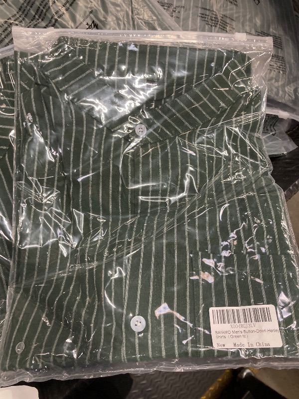 Photo 1 of ?Men's Banded Collar Stripe Shirt, Linen Cotton Mandarin Collar Long Sleeve Button Down Shirts Collarless Tops with Pocket for Casual & Business (Green M)