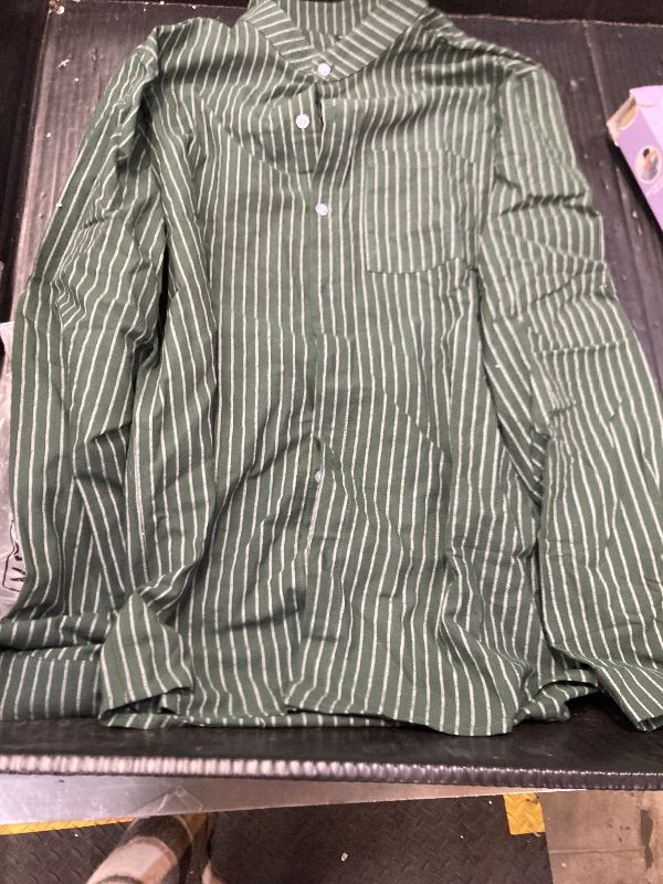 Photo 1 of ?Men's Banded Collar Stripe Shirt, Linen Cotton Mandarin Collar Long Sleeve Button Down Shirts Collarless Tops with Pocket for Casual & Business (Green M)