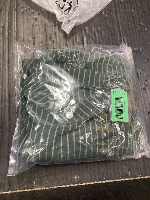 Photo 1 of ?Men's Banded Collar Stripe Shirt, Linen Cotton Mandarin Collar Long Sleeve Button Down Shirts Collarless Tops with Pocket for Casual & Business (Green M)