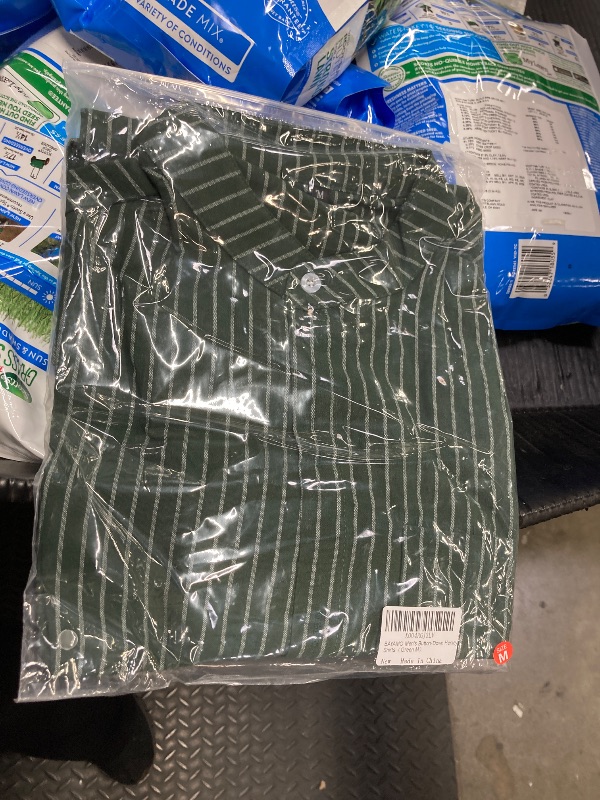 Photo 1 of ?Men's Banded Collar Stripe Shirt, Linen Cotton Mandarin Collar Long Sleeve Button Down Shirts Collarless Tops with Pocket for Casual & Business (Green M)