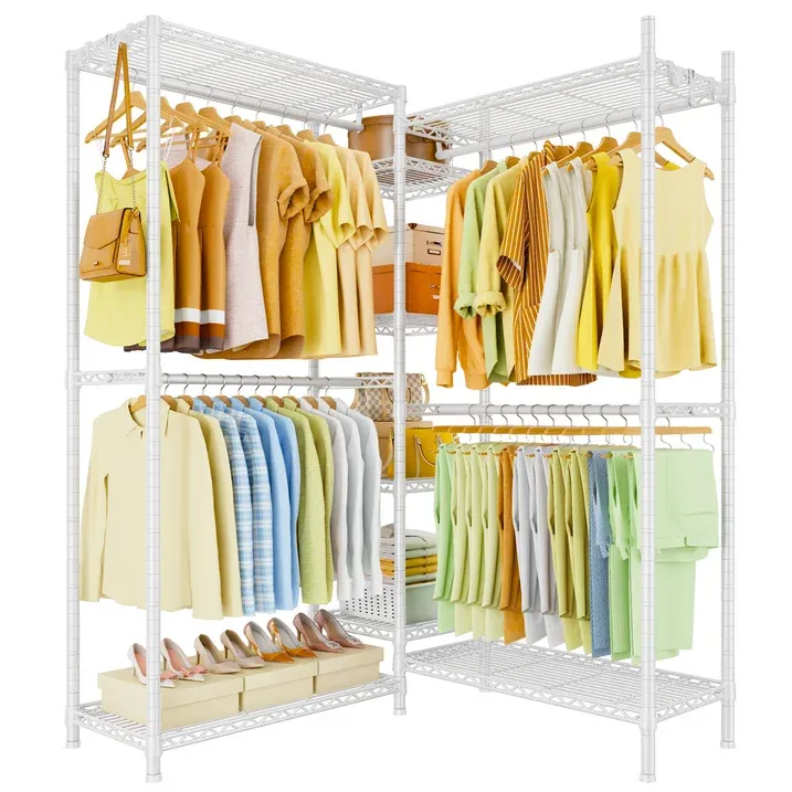 Photo 1 of "Ulif E4 White Wire Garment Rack, Closet Organizer with 8 Shelves & 4 Hanger Rods, Heavy Duty, 71.6"" W x 79.3"" H"
