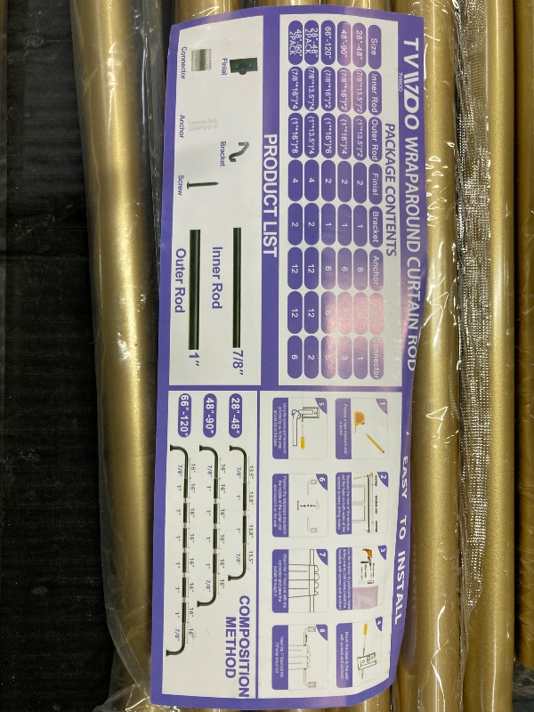 Photo 1 of ***PARTS MISSING**PHOTO SHOWS ALL PARTS INCLUDED***TVWOO Gold Wrap Around Curtain Rods 2 Pack:Blackout Adjustable Window Curtain Rod,Room Darkening Heavy Duty Curved French Metal Single Drapery Rods for Bedroom Kitchen Easy Install,Brass Gold 48-90"***PAR