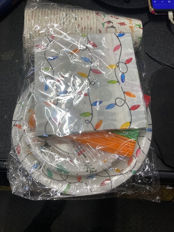 Photo 1 of 144Pcs Merry Christmas Party Tableware Set,Christmas Party Supplies Xmas Lights Paper Plates and Napkins Winter Xmas Holiday Table Decorations for Holiday Birthday 24 Guests