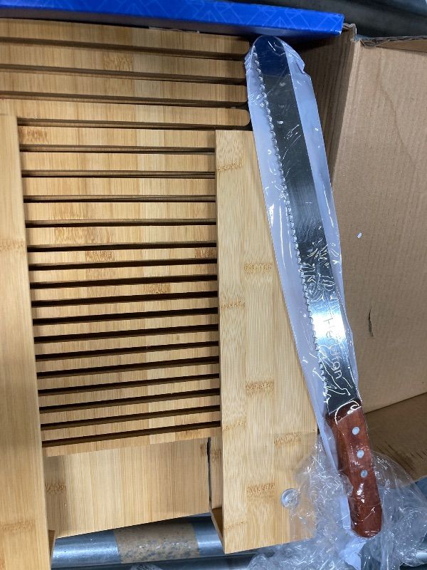 Photo 1 of ***PARTS ONLY/BROKEN BASE***Bamboo Bread Slicer For Homemade Bread - Built-In Knife Slot, Crumb Catcher & Storage Compartment - Adjustable Extra Wide & High For Sourdough - Long 12” Knife Blade Included