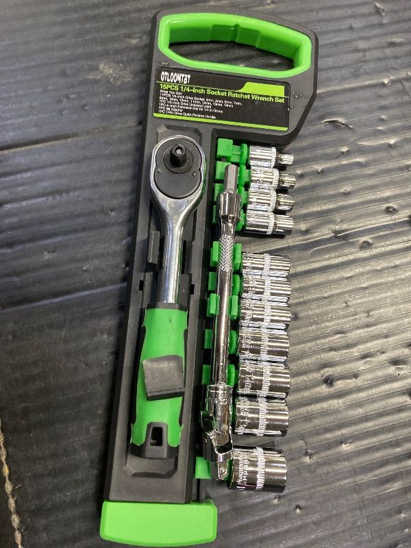 Photo 1 of ***CLIP IS BROKEN THAT HOLDS RACHET IN PLACE ON ORGANIZER***OTLOOMTBT 15pcs 1/4 Inch Drive Ratchet Socket Wrench Set, with Metric 4-14mm and Front and Rear Quick Released Ratchet Handle and Extension Bar Universal Joint Hand Drill Adapter, Portable Organi