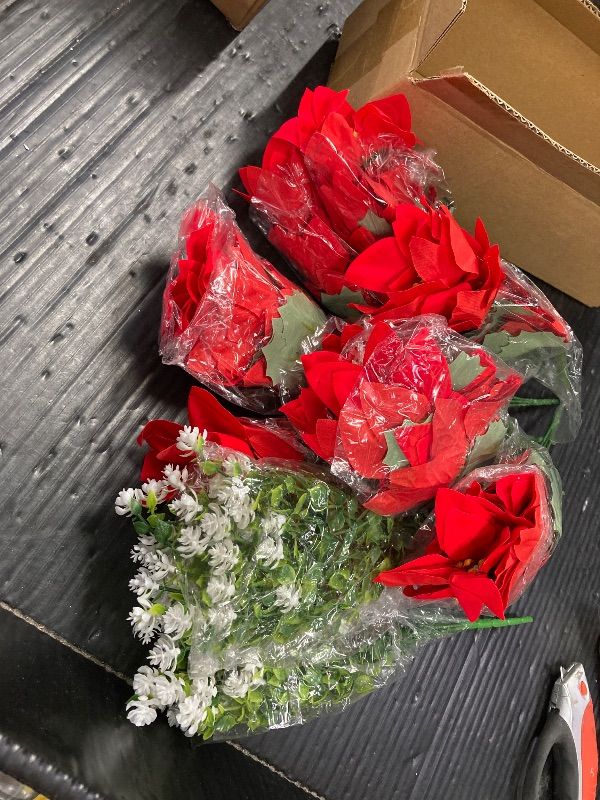 Photo 1 of ***VASE NOT INCLUDED***MELAJIA Artificial Flowers for Outdoors Red Christmas Poinsettia Flowers 12 Bundles Mixed Fake Plants UV Resistant Faux Flowers for Outdoor Planters Garden Porch Patio Home Winter Decor***VASE NOT INCLUDED***