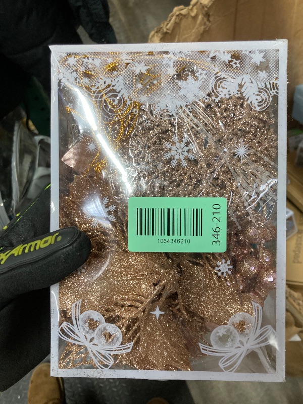 Photo 1 of 59Pcs Christmas Tree Decorations Set, Rose Gold Plastic Shatterproof Hanging Ornaments w/Artificial Poinsettia Flowers, Glitter Berries Stems, Snowflakes for Indoor Home Xmas Holiday Party Decor