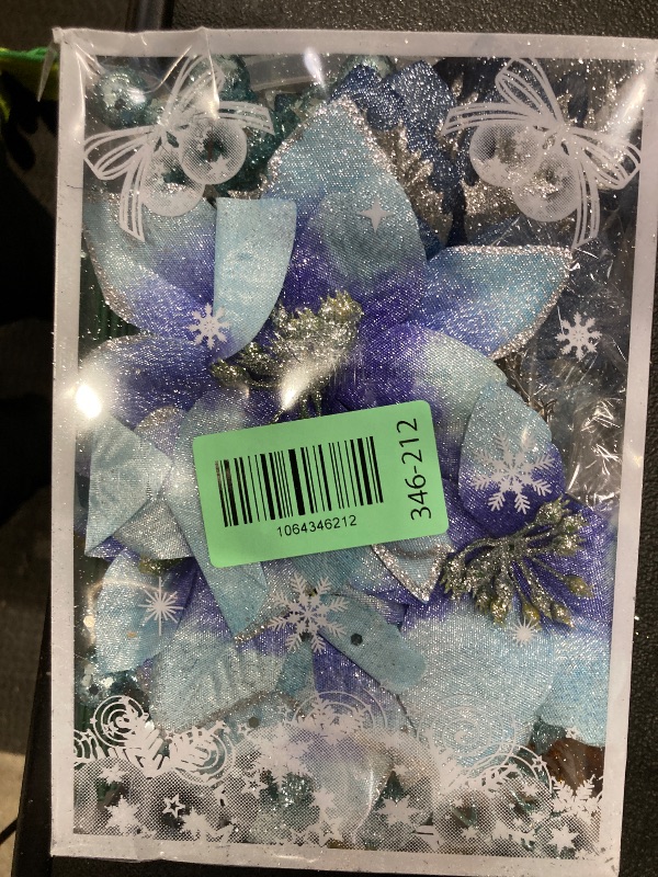 Photo 1 of 59Pcs Christmas Tree Decorations Set, Blue Plastic Shatterproof Hanging Ornaments w/Artificial Poinsettia Flowers, Glitter Berries Stems, Snowflakes for Indoor Home Xmas Holiday Party Decor