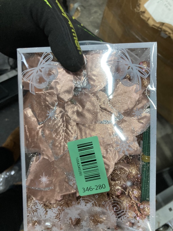 Photo 1 of 59Pcs Christmas Tree Decorations Set, Rose Gold Plastic Shatterproof Hanging Ornaments w/Artificial Poinsettia Flowers, Glitter Berries Stems, Snowflakes for Indoor Home Xmas Holiday Party Decor