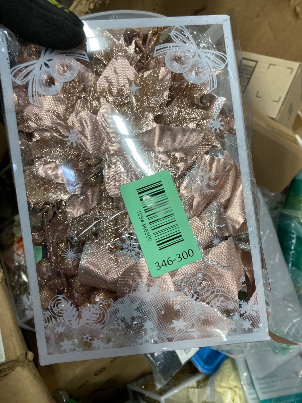 Photo 1 of 59Pcs Christmas Tree Decorations Set, Rose Gold Plastic Shatterproof Hanging Ornaments w/Artificial Poinsettia Flowers, Glitter Berries Stems, Snowflakes for Indoor Home Xmas Holiday Party Decor