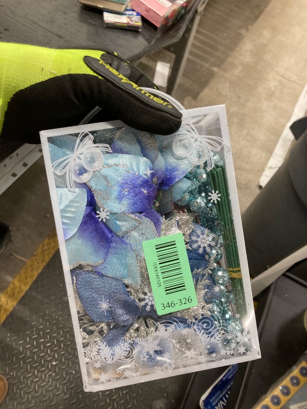 Photo 1 of 59Pcs Christmas Tree Decorations Set, Blue Plastic Shatterproof Hanging Ornaments w/Artificial Poinsettia Flowers, Glitter Berries Stems, Snowflakes for Indoor Home Xmas Holiday Party Decor