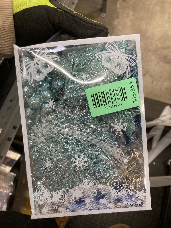 Photo 1 of 59Pcs Christmas Tree Decorations Set, Blue Plastic Shatterproof Hanging Ornaments w/Artificial Poinsettia Flowers, Glitter Berries Stems, Snowflakes for Indoor Home Xmas Holiday Party Decor