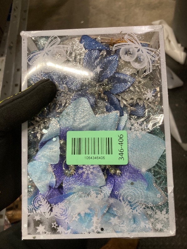 Photo 1 of 59Pcs Christmas Tree Decorations Set, Blue Plastic Shatterproof Hanging Ornaments w/Artificial Poinsettia Flowers, Glitter Berries Stems, Snowflakes for Indoor Home Xmas Holiday Party Decor
