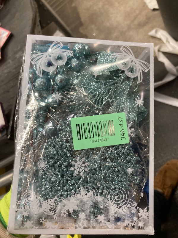 Photo 1 of 59Pcs Christmas Tree Decorations Set, Blue Plastic Shatterproof Hanging Ornaments w/Artificial Poinsettia Flowers, Glitter Berries Stems, Snowflakes for Indoor Home Xmas Holiday Party Decor
