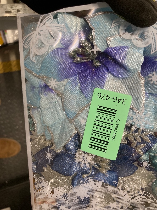 Photo 1 of 59Pcs Christmas Tree Decorations Set, Blue Plastic Shatterproof Hanging Ornaments w/Artificial Poinsettia Flowers, Glitter Berries Stems, Snowflakes for Indoor Home Xmas Holiday Party Decor