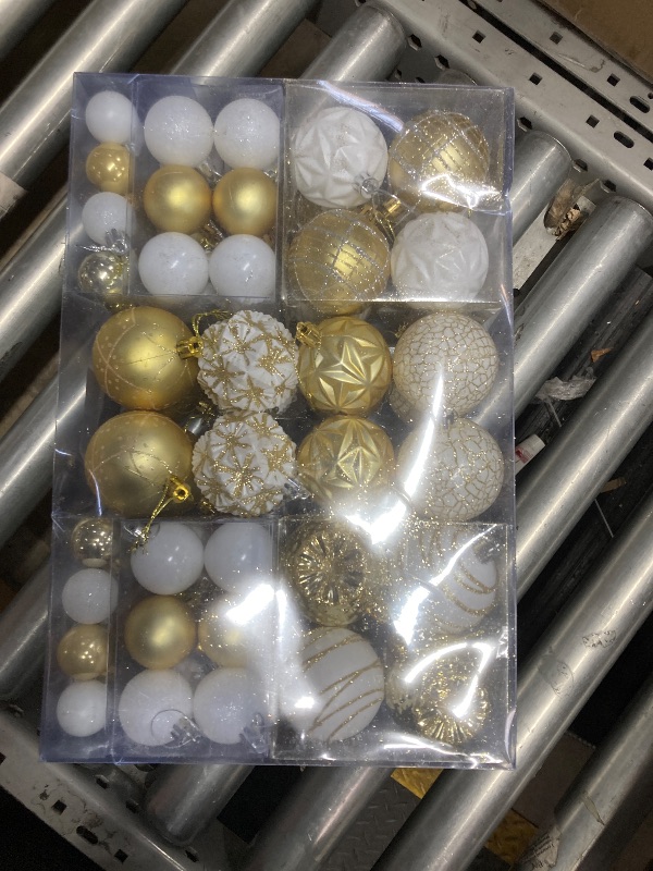 Photo 1 of 100ct White & Gold Christmas Ornaments Set, Shatterproof Luxury Xmas Tree Ornaments Decorations Collection, Hanging Plastic Christmas Balls for Holiday Party Wedding (White&Gold)