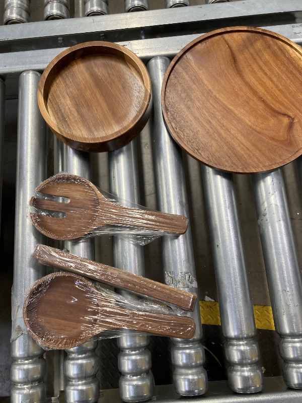 Photo 1 of ***MISSING GLASS BOWL -SELLING AS PARTS ONLY*** Oria Cook rifle and Serving Bowls with Lids as Cheese Charcuterie Board and Plate, Comes with Wood Serving Utensils ***(SOME SCUFFS/SCRATCHES ON WOOD)***