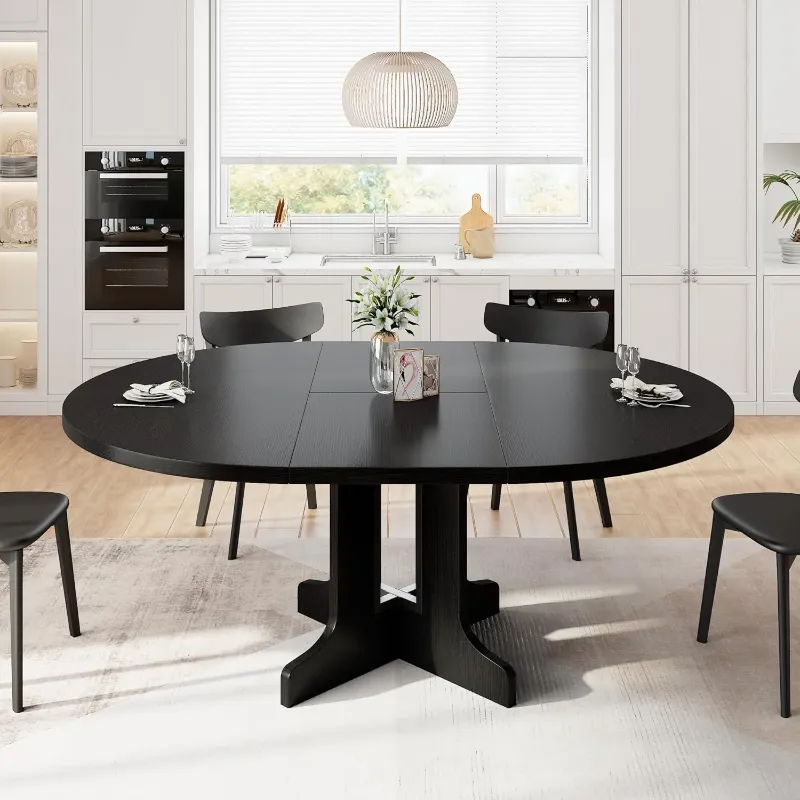 Photo 1 of *Chipped/scratches* iPormis 59" Extendable Round Dining Table for 6, Modern Kitchen Table with Sturdy Wooden Base, Dining Room Table with Thickened MDF Board, Perfect for Small Space, Black
