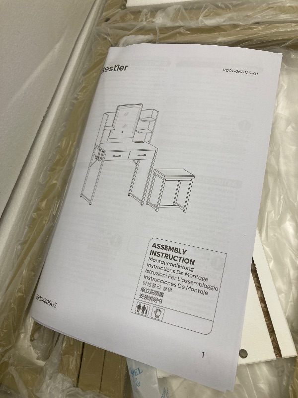 Photo 1 of *Mirror Missing* Bestier Makeup Vanity Set with Mirror and Lights, Vanity Desk with Drawers, Power Outlet & Cushioned Stool, Vanity Table for Bedroom, White
