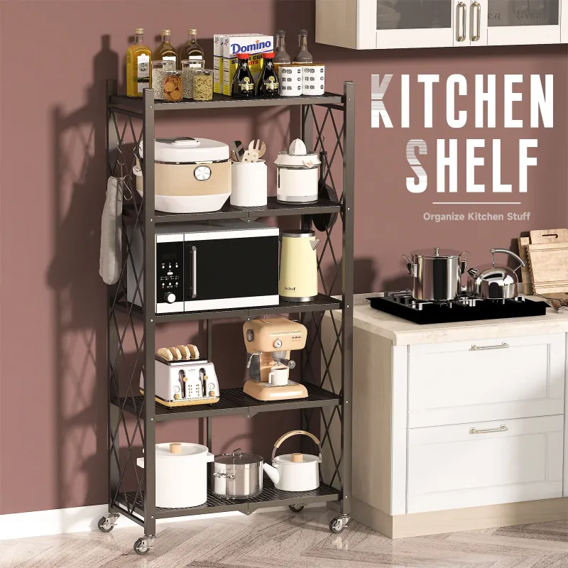 Photo 1 of *Small dents* COOKCOK 5-Tier Storage Shelving Unit, Metal Shelf 27.9"x13.4"x62.5, Foldable Storage Shelf with Wheels, Garage Shelf, Metal Storage Rack, Kitchen Shelf with 4 Hooks, No Assemble Require
