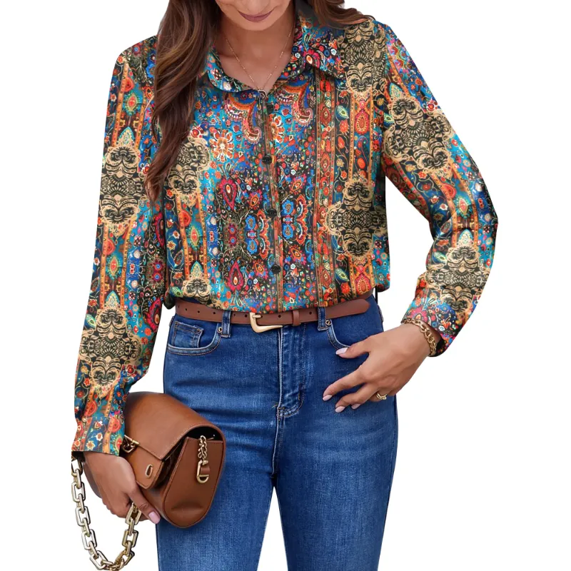 Photo 1 of *Staples in neckline* Fantaslook Womens Button Down Shirts Boho Floral Printed Long Sleeve Blouses Business Work Shirt Dressy Casual Loose Tops, 2XL