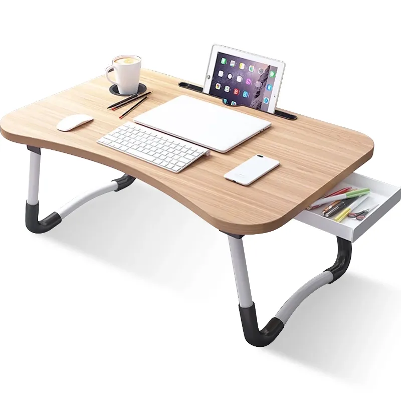 Photo 1 of *Small scratches* PHANCIR Foldable Lap Desk, 23.6 Inch Portable Wood Laptop Desk Table Workspace Office Organizer Bed Sofa Tray with Slots/Cup Holder/Drawer, Anti-Slip for Reading Writing Eating Watching, Walnut

