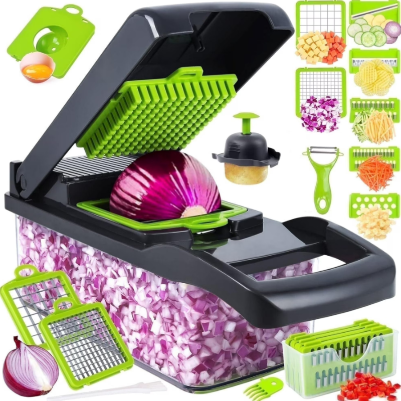 Photo 1 of *Missing clear container piece* Vegetable Chopper, Pro Onion Chopper, 14 in 1Multifunctional Food Chopper, Kitchen Vegetable Slicer Dicer Cutter,Veggie Chopper With 8 Blades,Carrot Chopper With Container-kitchen essentials(Grey)
