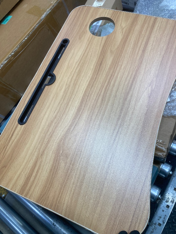 Photo 1 of *Chipped corners* *Missing cup holder piece* PHANCIR Foldable Lap Desk, 23.6 Inch Portable Wood Laptop Desk Table Workspace Office Organizer Bed Sofa Tray with Slots/Cup Holder/Drawer, Anti-Slip for Reading Writing Eating Watching, Walnut
