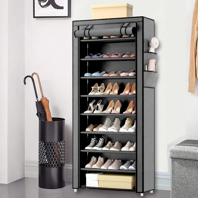 Photo 1 of 10 Tier Shoe Rack with Covers, Large Capacity Stackable Tall Shoe Organizer Storage, Sturdy Metal Free Standing Shoe Shelf for Closet Entryway Garage
