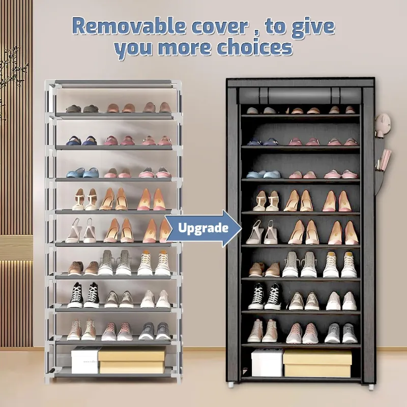 Photo 1 of 10 Tier Shoe Rack with Covers, Large Capacity Stackable Tall Shoe Organizer Storage, Sturdy Metal Free Standing Shoe Shelf for Closet Entryway Garage
